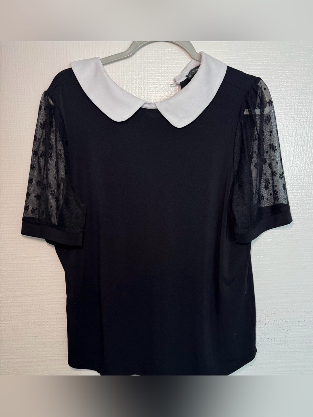 Black Top with Lace Short Sleeves and White Peter Pan Collar
